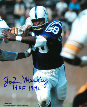 John Mackey Autographed Baltimore Colts NFL 8x10 Photo w/ HOF 1992 -COA-Powers Sports Memorabilia