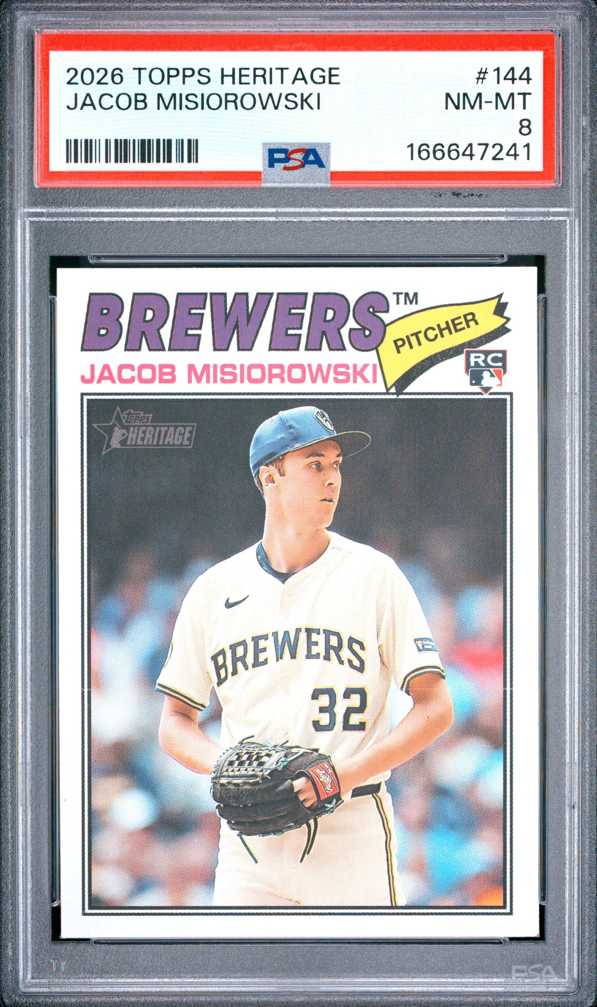 Jacob Misiorowski 2026 Topps Heritage Brewers Rookie Card #144 PSA 8