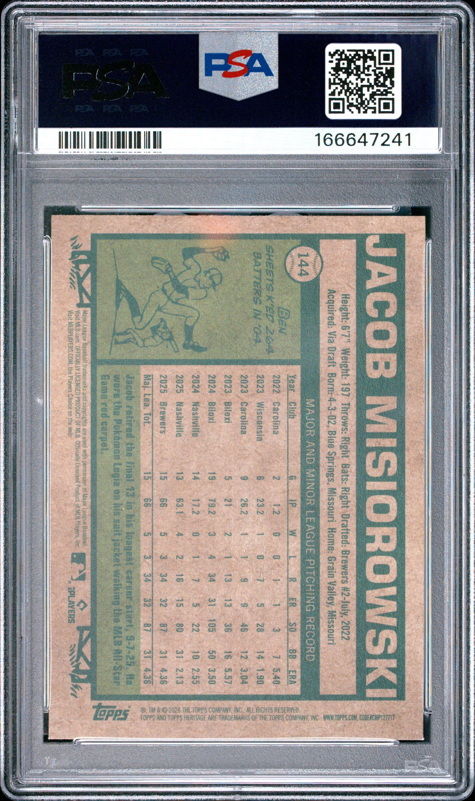 Jacob Misiorowski 2026 Topps Heritage Rookie Card #144 PSA 8-Powers Sports Memorabilia