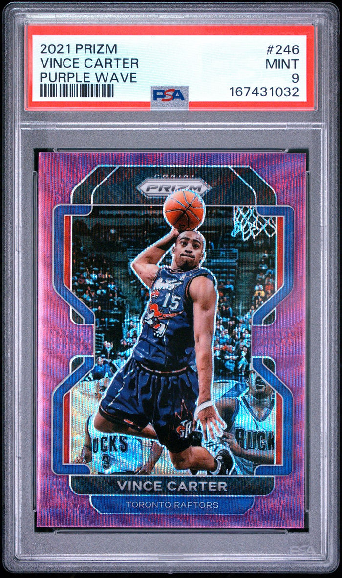 Vince Carter 2021 Panini Prizm Purple Wave Card #246 PSA 9-Powers Sports Memorabilia