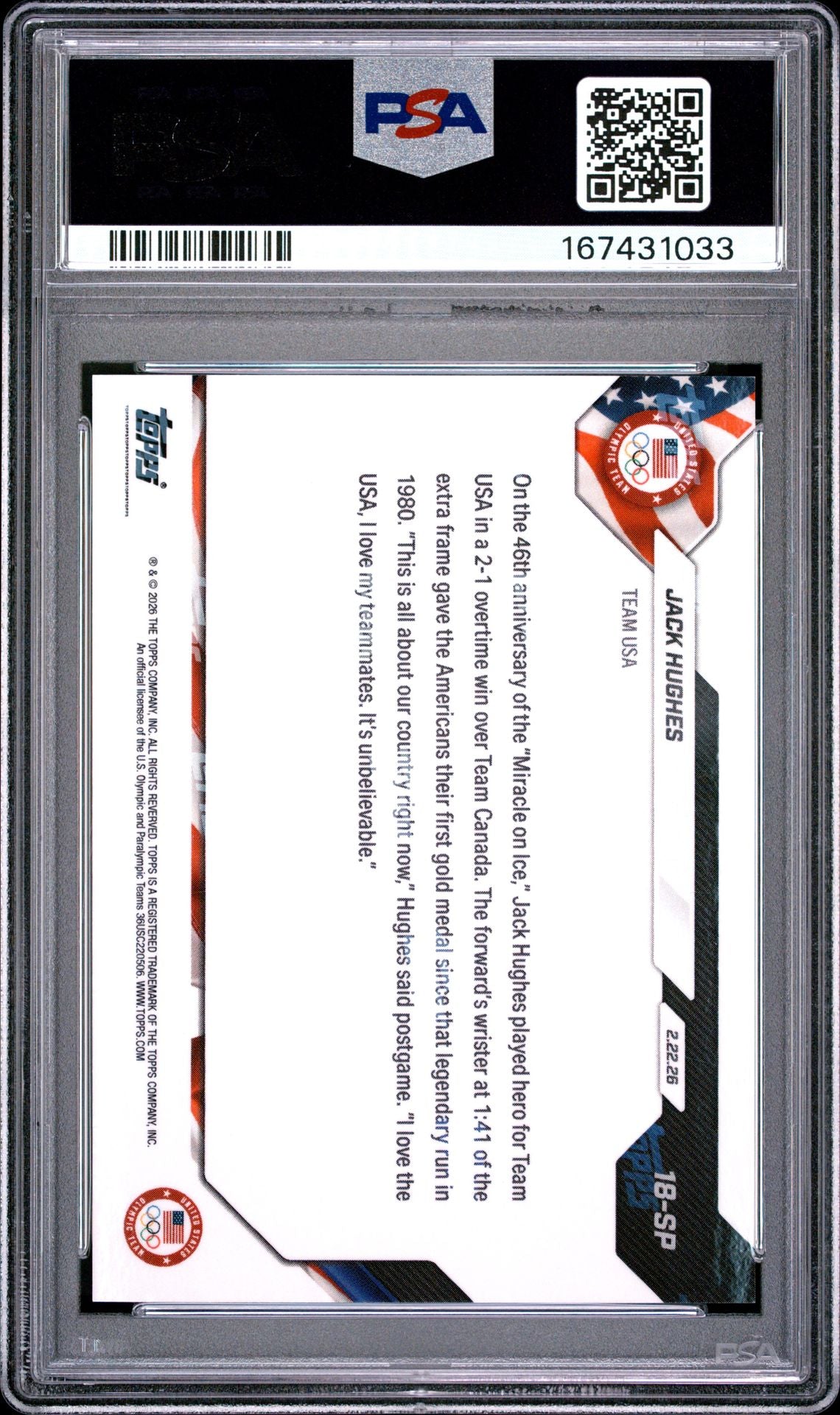 Jack Hughes 2026 Topps Now Olympics Team USA Card #18-SP PSA 10