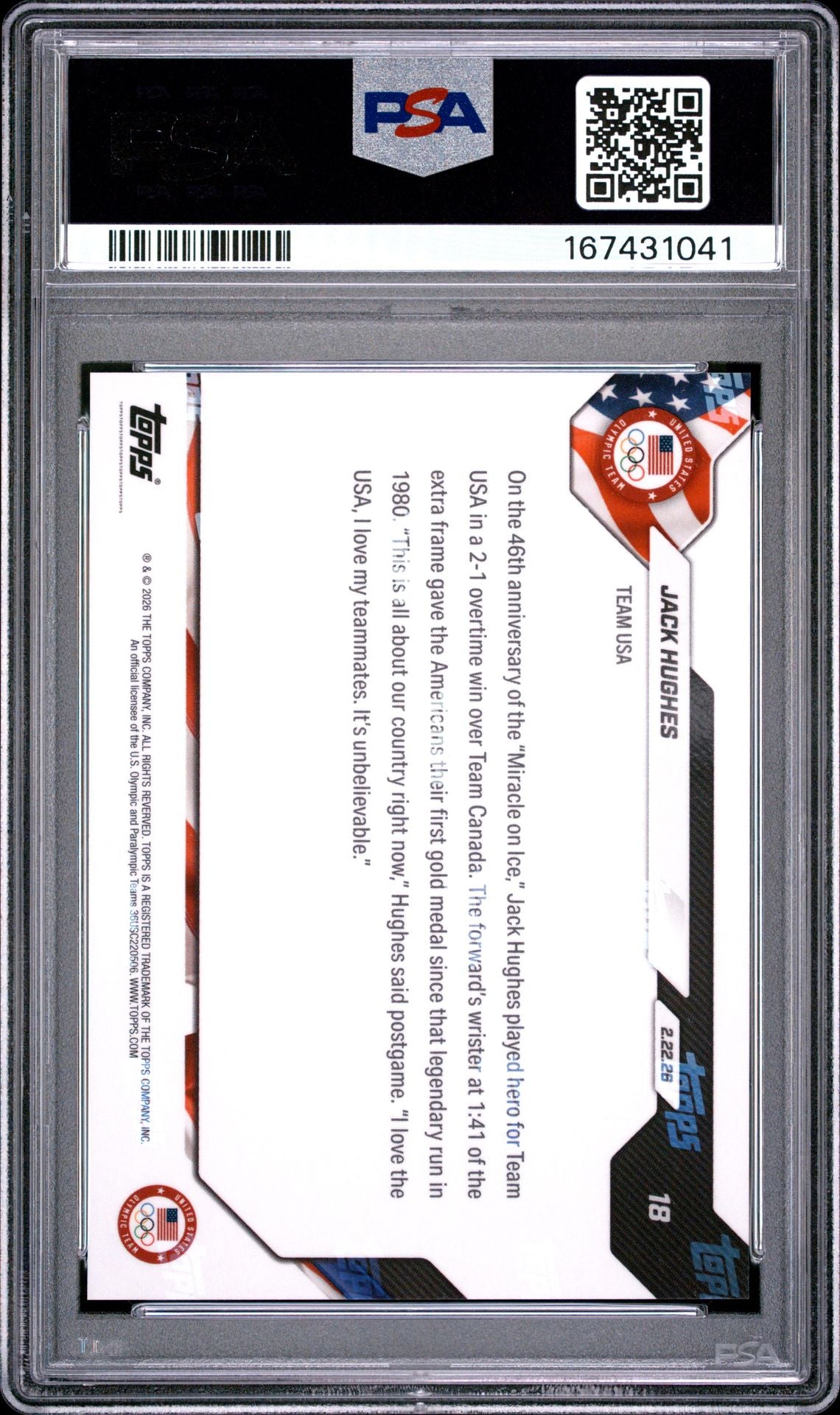 Jack Hughes 2026 Topps Now Olympics Team USA Card #18 PSA 9