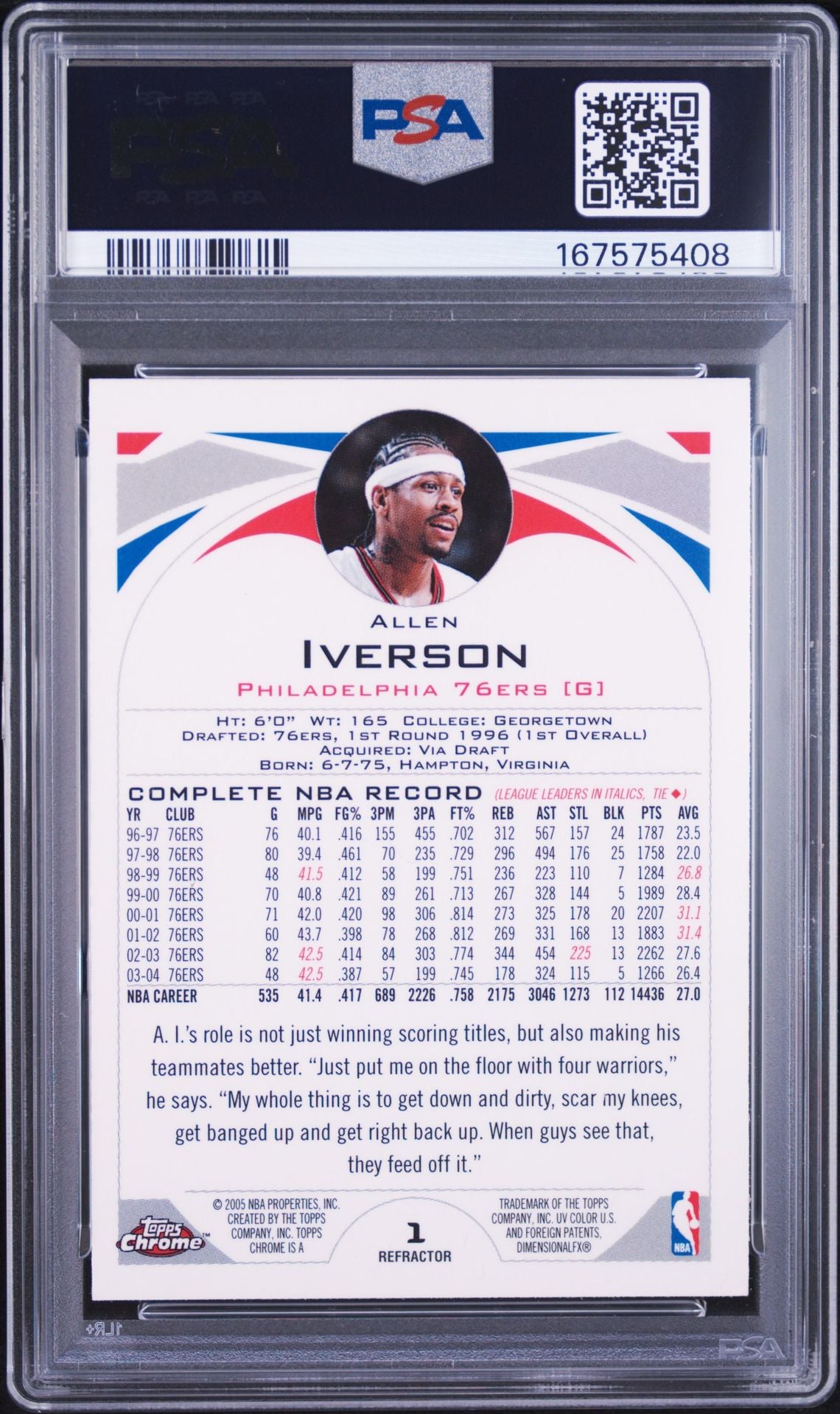 Allen Iverson 2004 Topps Chrome Card #1 Refractor PSA 8 Auto 10 167575408-Powers Sports Memorabilia