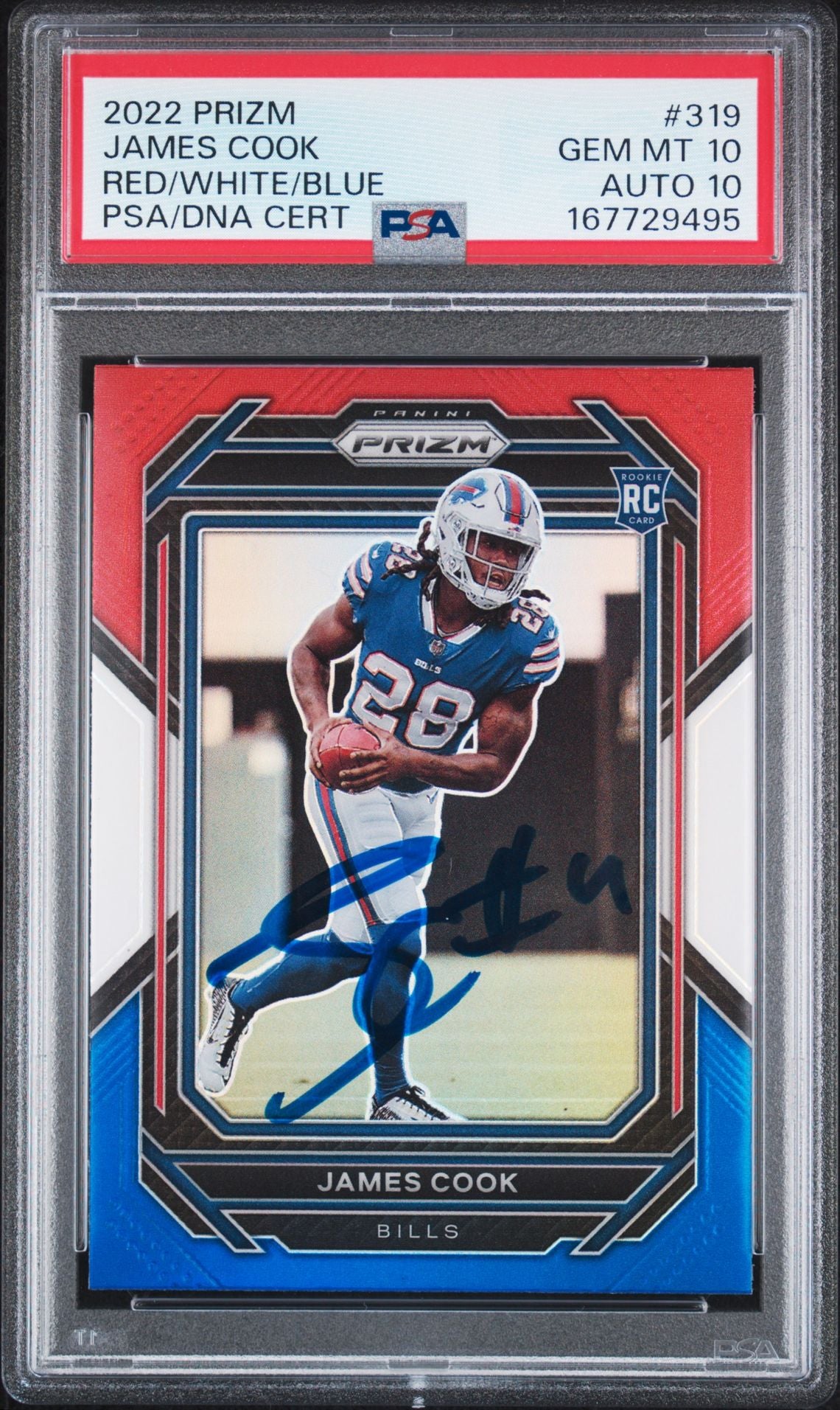 James Cook 2022 Panini Prizm Red White Blue Rookie Card #319 PSA 10 Auto 10