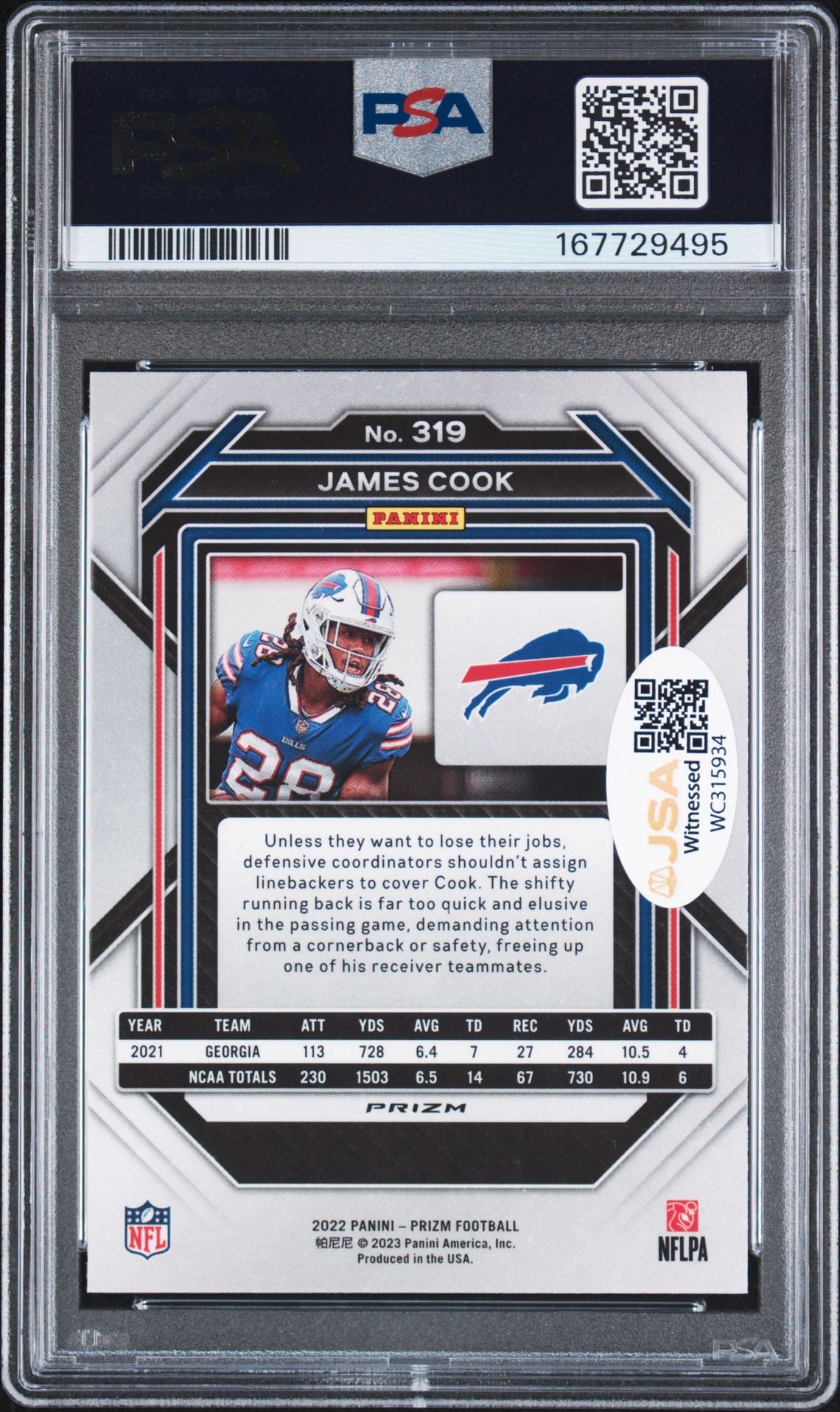 James Cook 2022 Panini Prizm Red White Blue Rookie Card #319 PSA 10 Auto 10