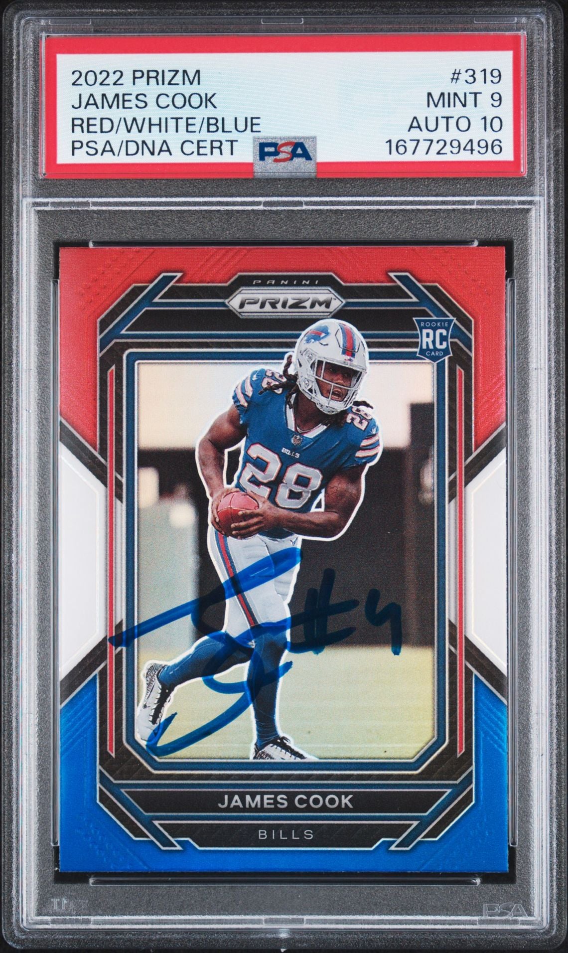 James Cook 2022 Prizm Red White Blue Rookie Card #319 PSA 9 Auto 10 7729496-Powers Sports Memorabilia