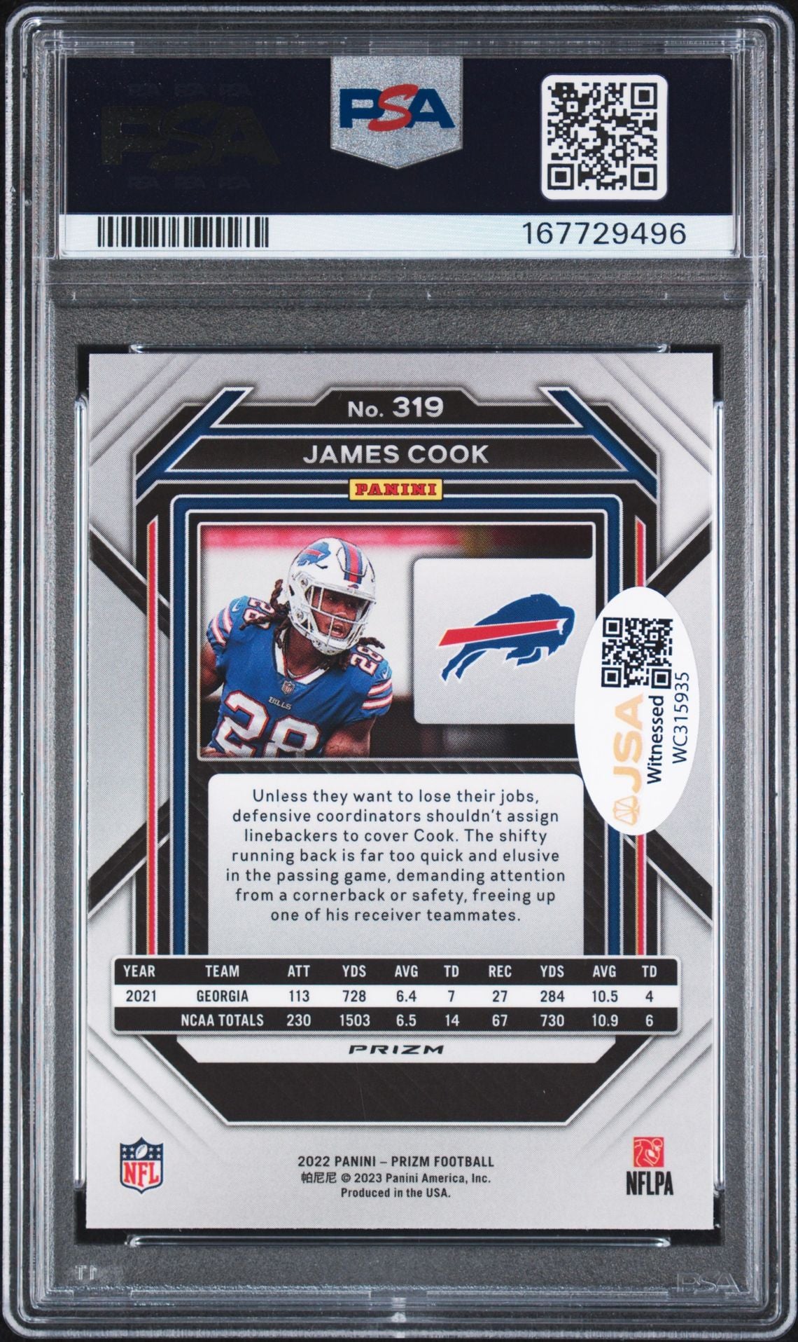 James Cook 2022 Prizm Red White Blue Rookie Card #319 PSA 9 Auto 10 7729496