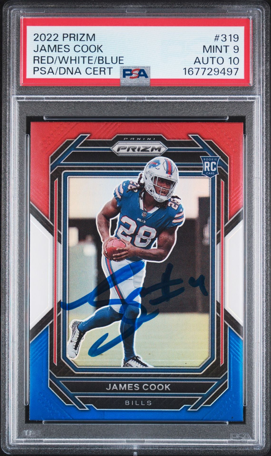 James Cook 2022 Prizm Red White Blue Rookie Card #319 PSA 9 Auto 10 7729497