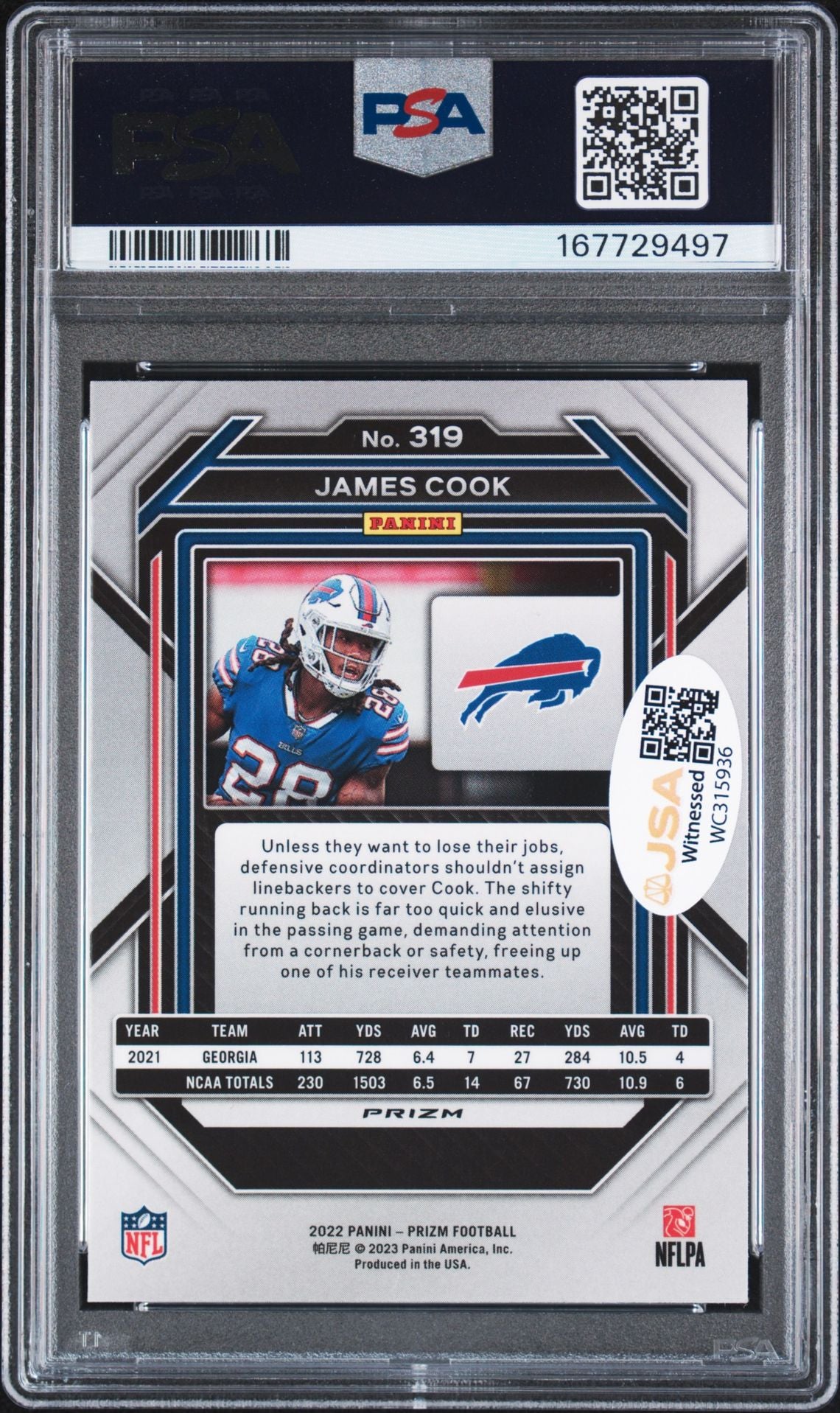 James Cook 2022 Prizm Red White Blue Rookie Card #319 PSA 9 Auto 10 7729497-Powers Sports Memorabilia