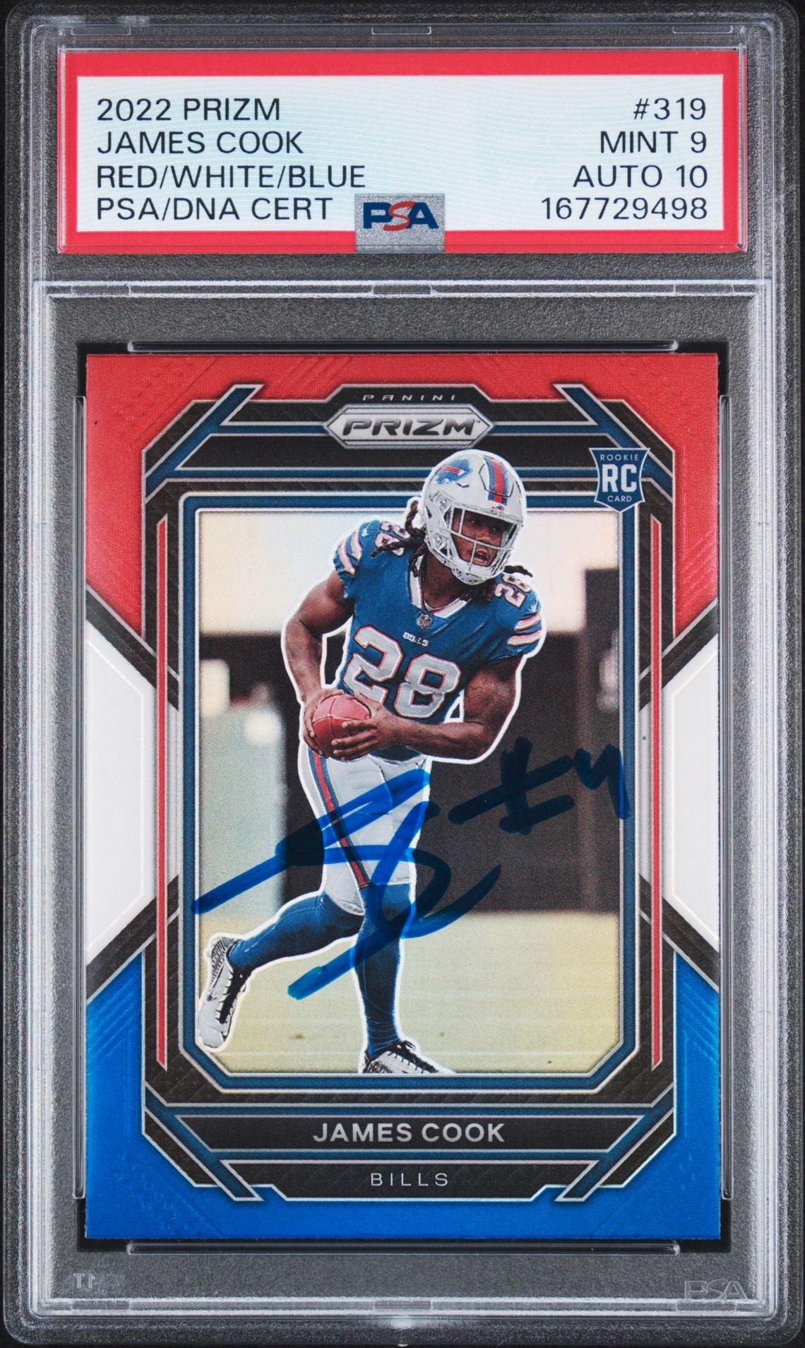 James Cook 2022 Prizm Red White Blue Rookie Card #319 PSA 9 Auto 10 7729498