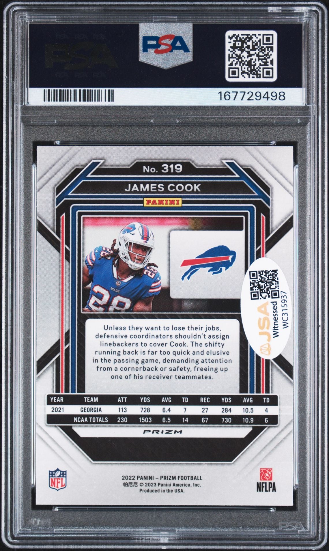 James Cook 2022 Prizm Red White Blue Rookie Card #319 PSA 9 Auto 10 7729498-Powers Sports Memorabilia