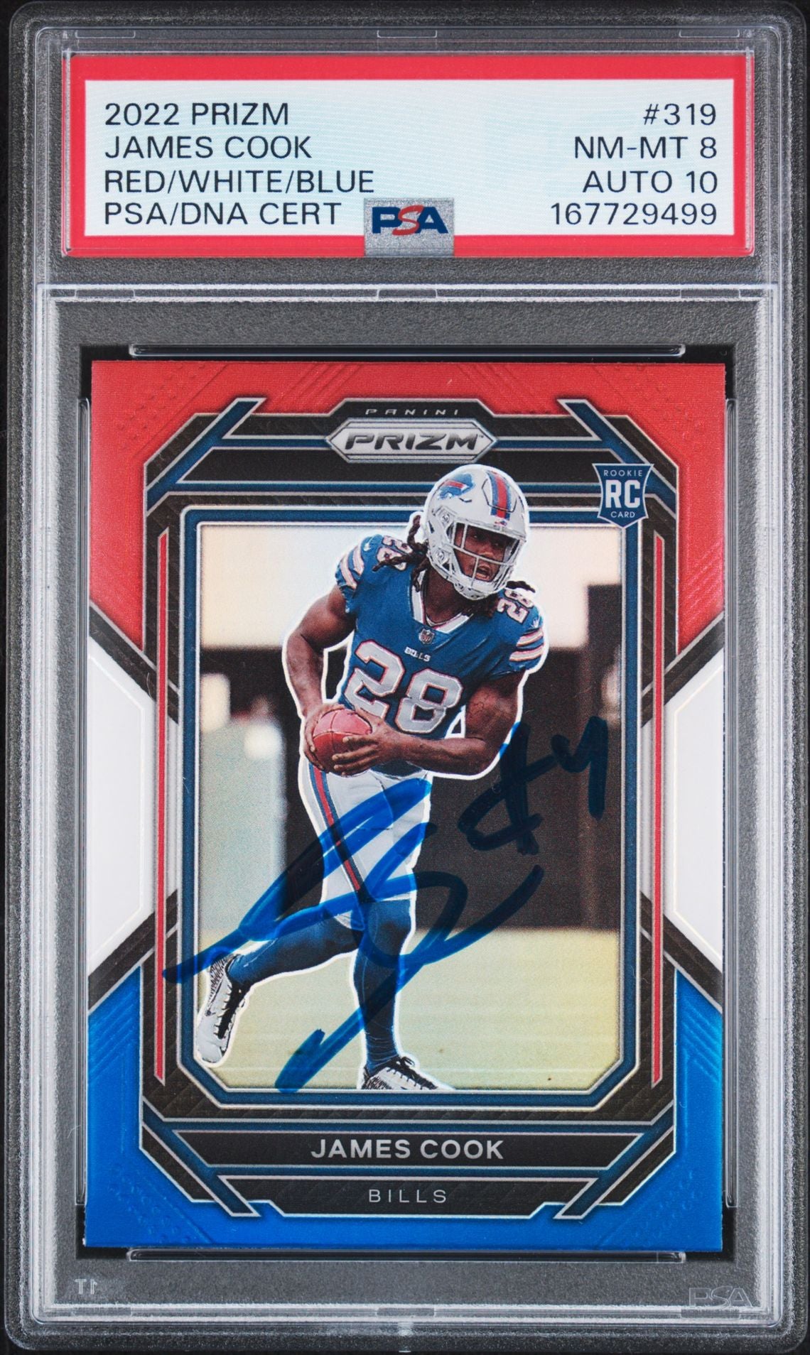 James Cook 2022 Prizm Red White Blue Rookie Card #319 PSA 8 Auto 10 7729499-Powers Sports Memorabilia