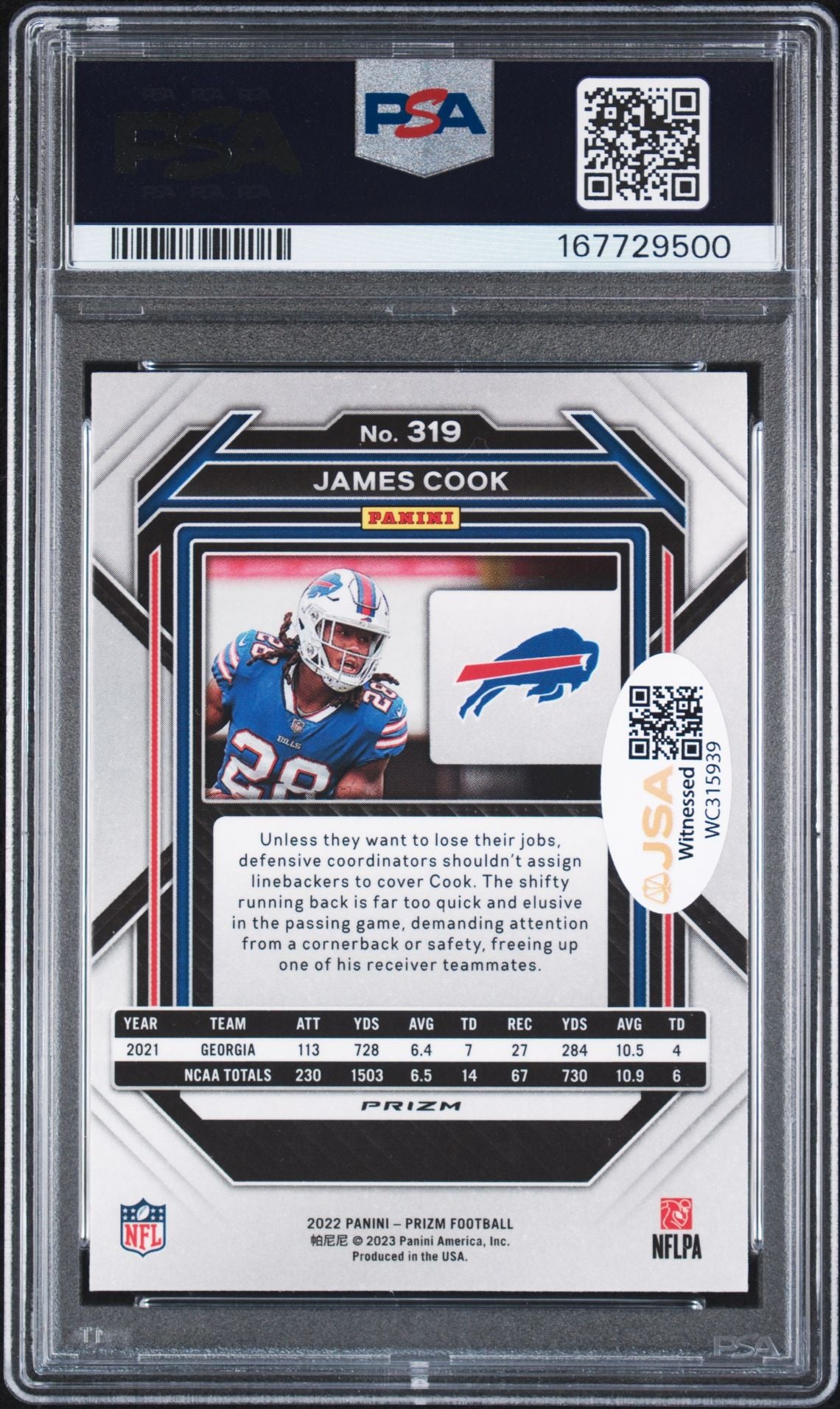 James Cook 2022 Prizm Red White Blue Rookie Card #319 PSA 9 Auto 10 7729500