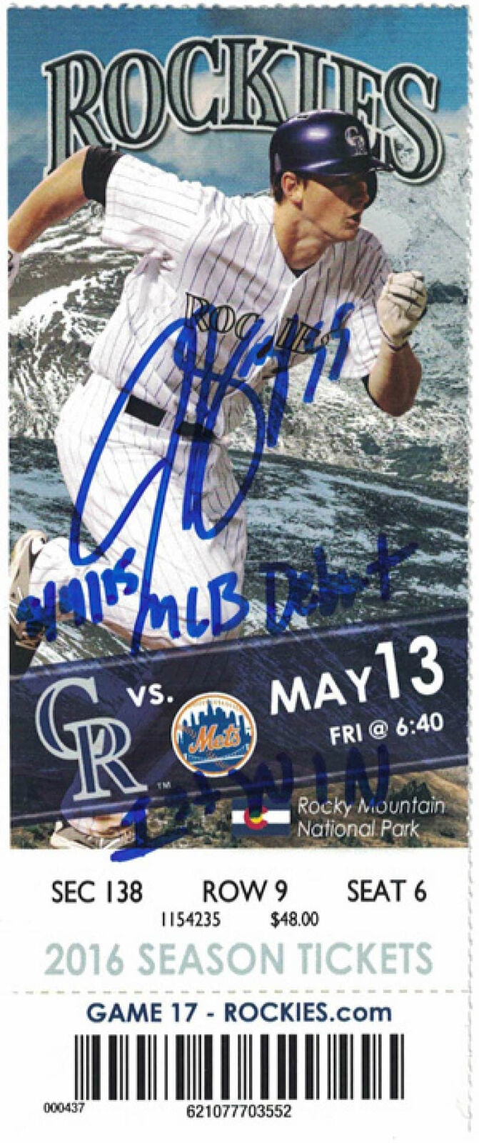 Jon Gray Colorado Rockies Signed Ticket Stub MLB Debut & 1st Win JSA-Powers Sports Memorabilia