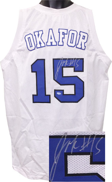 Jahlil Okafor Autographed White Custom Stitched College Basketball Jersey #15 XL (Final Four-silver sig)- Schwartz Hologram-Powers Sports Memorabilia