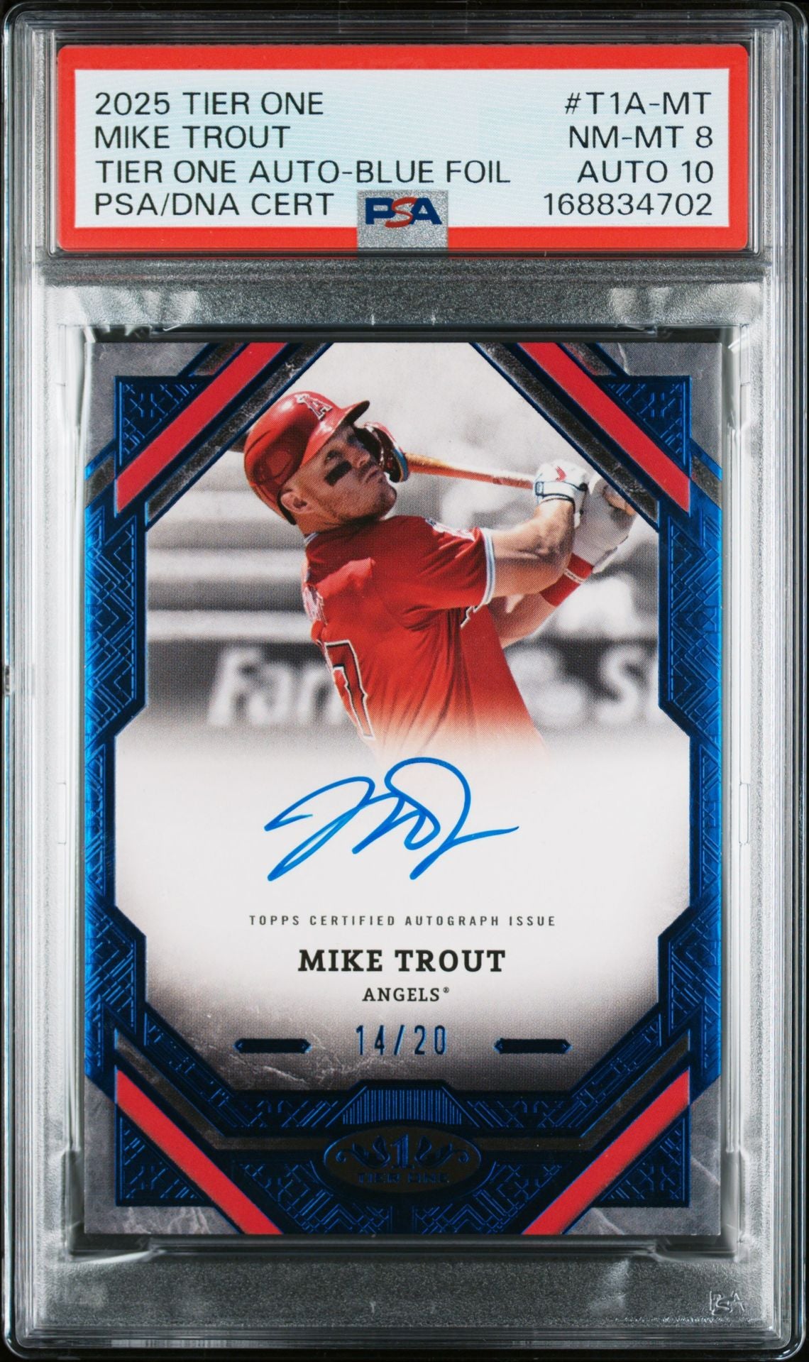 Mike Trout 2025 Topps Tier One Blue Foil Card #T1A-MT PSA 8 Auto 10 14/20-Powers Sports Memorabilia