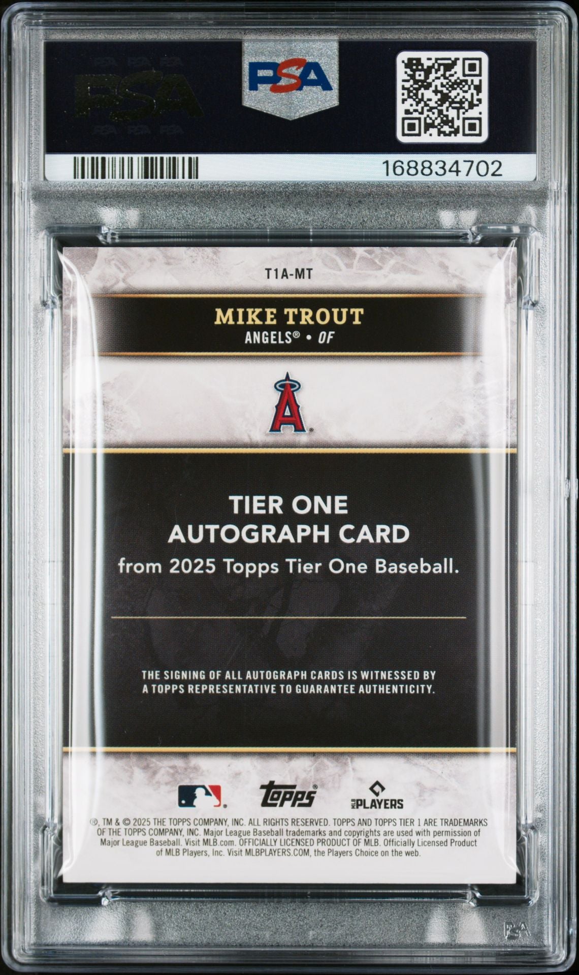 Mike Trout 2025 Topps Tier One Blue Foil Card #T1A-MT PSA 8 Auto 10 14/20-Powers Sports Memorabilia