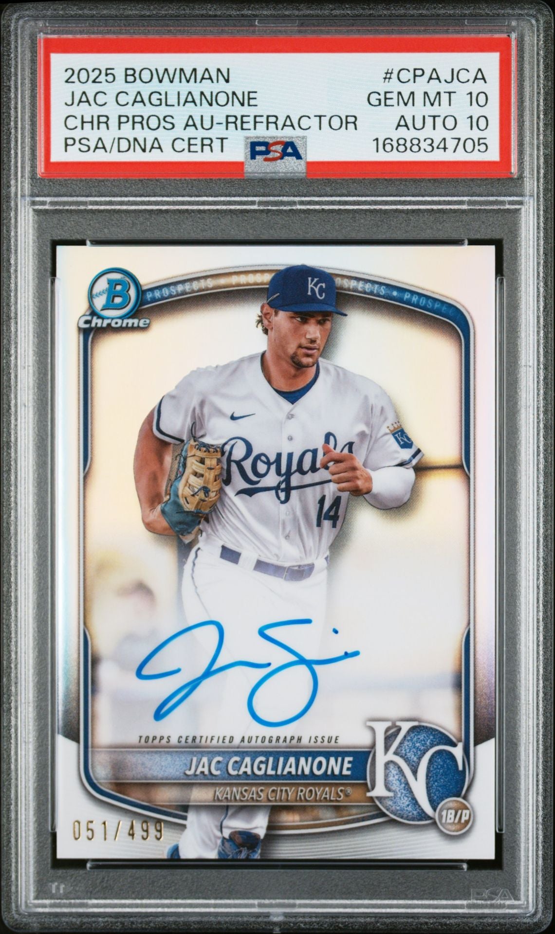 Jac Caglianone 2025 Bowman Chrome Refractor Rookie Card PSA 10 Auto 10 /499-Powers Sports Memorabilia