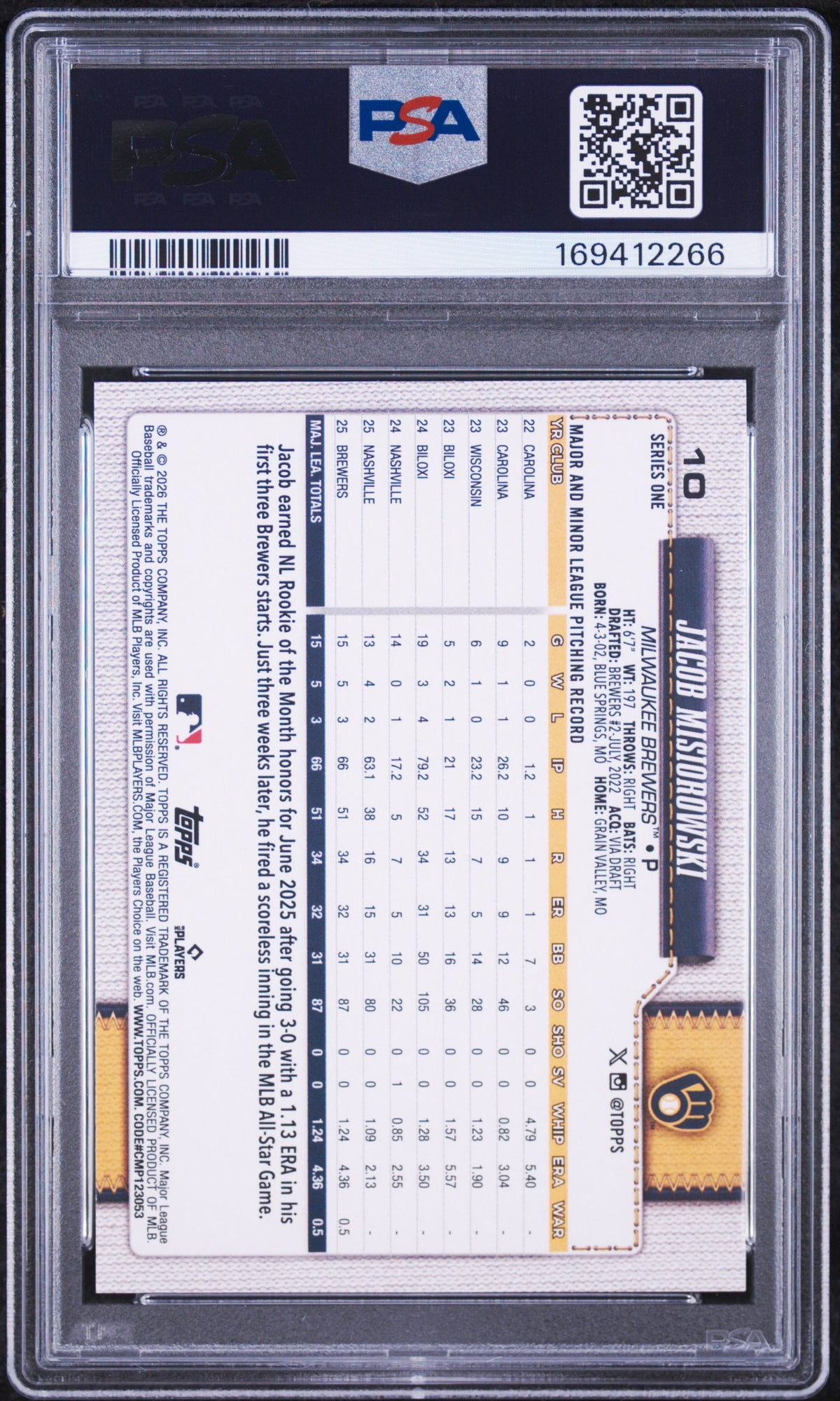Jacob Misiorowski 2026 Topps Brewers Rookie Card #10 PSA 9-Powers Sports Memorabilia