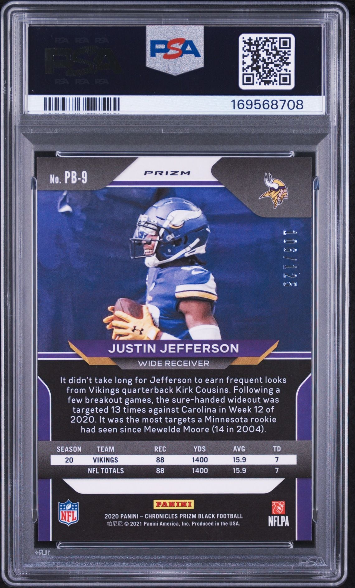Justin Jefferson 2020 Panini Prizm Purple Rookie Card PB9 PSA 9 Auto 7 /125