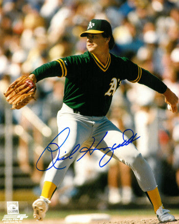 Rick Honeycutt Autographed Oakland Athletics 8x10 Photo (green jersey pitching)-Powers Sports Memorabilia