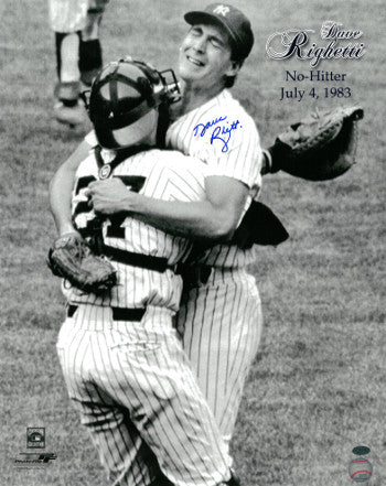Dave Righetti Autographed New York Yankees 16x20 B&W Photo (celebration hug-No Hitter- July 4, 1983)-Powers Sports Memorabilia
