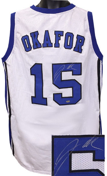 Jahlil Okafor Autographed White Custom Stitched College Basketball Jersey XL (Blue Letters- Silver Sig)- Schwartz Hologram-Powers Sports Memorabilia