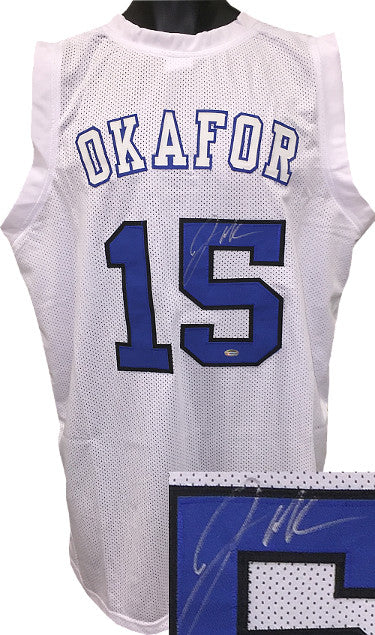 Jahlil Okafor Autographed White Custom Stitched College Style Basketball Jersey XL (Final Four-White Letters)- Schwartz Hologram-Powers Sports Memorabilia