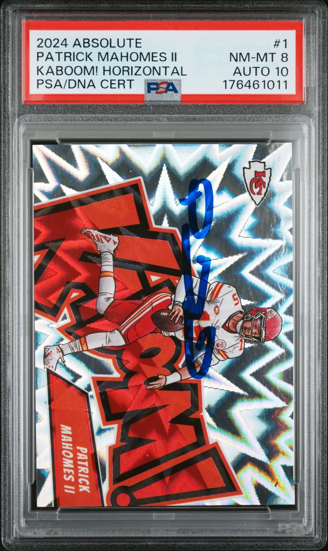 Patrick Mahomes II 2024 Panini Absolute Kaboom Signed Card #1 PSA 8 Auto 10