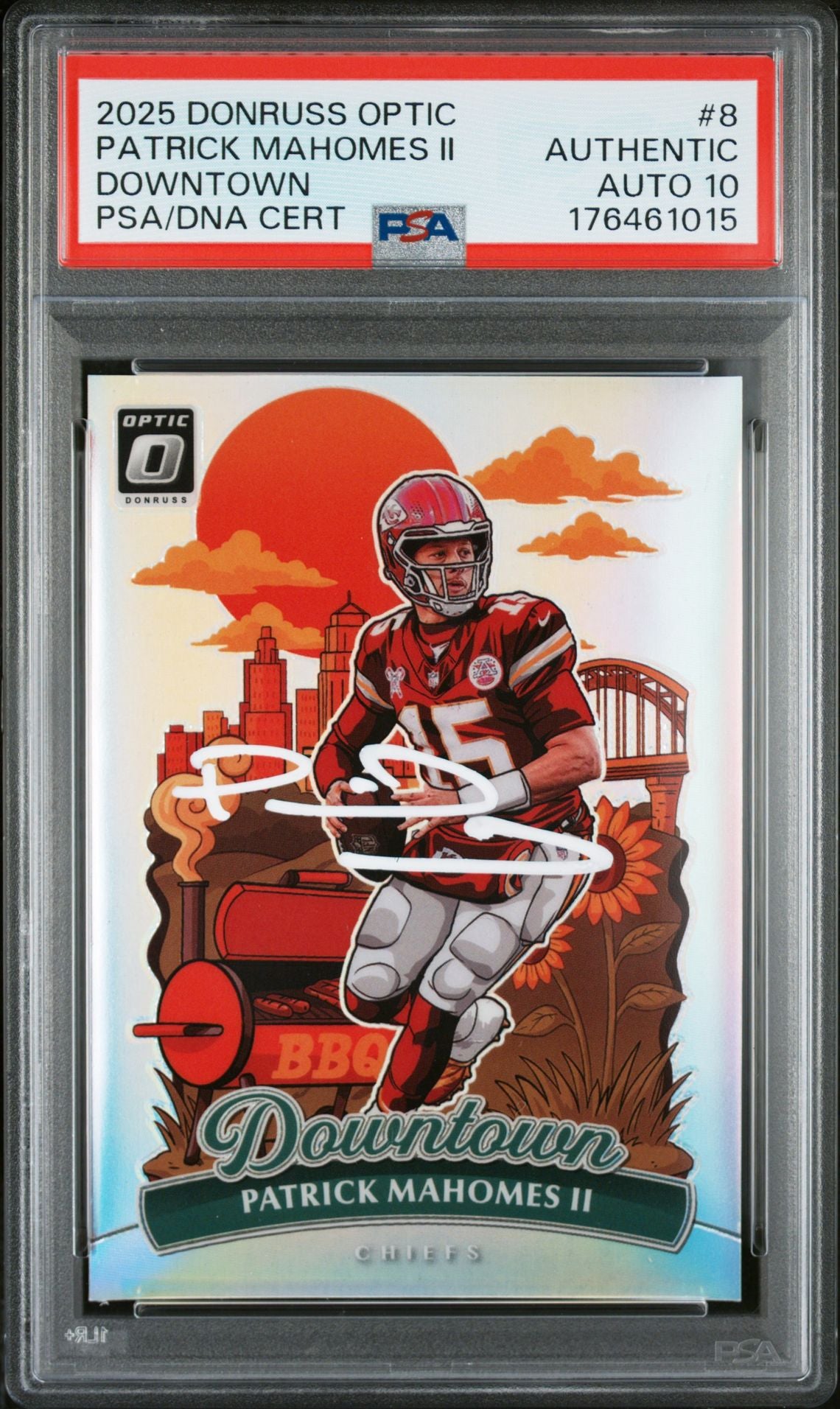 Patrick Mahomes II 2025 Panini Donruss Optic Downtown Signed Card #8 PSA Auto 10