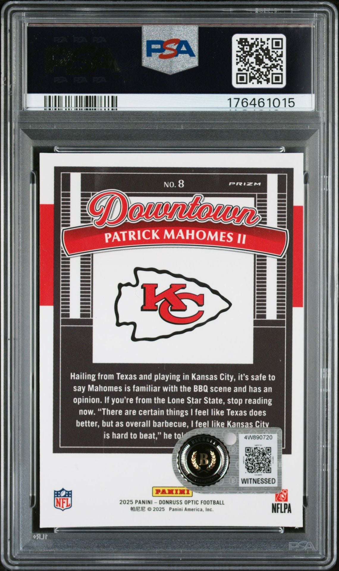 Patrick Mahomes II 2025 Panini Donruss Optic Downtown Signed Card #8 PSA Auto 10 - back