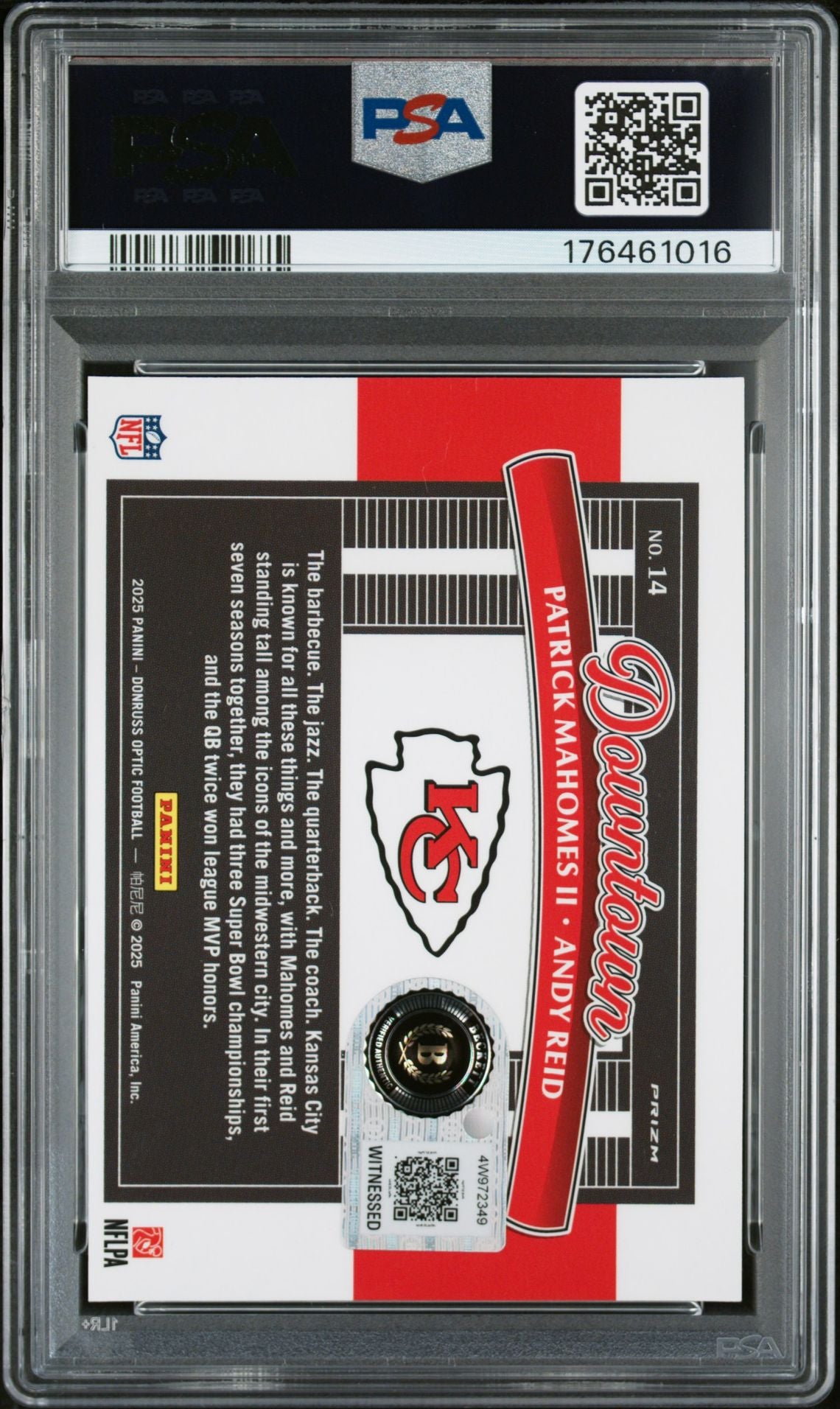 Patrick Mahomes II Andy Reid 2025 Panini Optic Downtown Signed Card #14 PSA 8 Auto 9