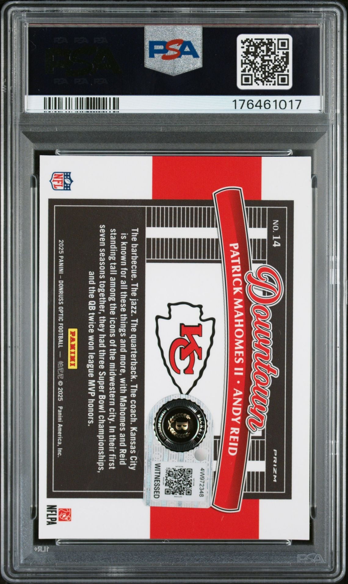 Patrick Mahomes II Andy Reid 2025 Panini Optic Downtown Signed Card #14 PSA 7 Auto 9 - back