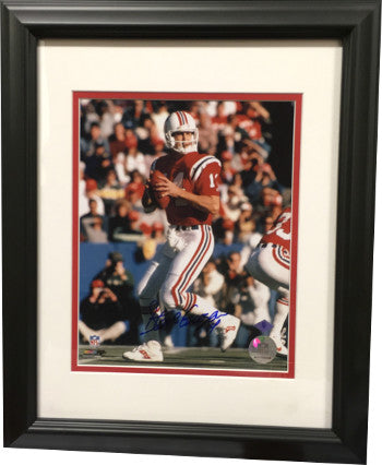 Steve Grogan Autographed New England Patriots 8 x 10 Photograph Custom Black Wood Framing (red jersey passing)-Powers Sports Memorabilia