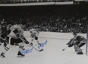 Fred Stanfield & Johnny Bucyk Dual Autographed Boston Bruins Vintage 16x20 B&W Photo-Powers Sports Memorabilia