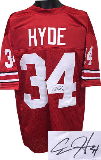 Carlos Hyde Autographed Red Custom Stitched Football Jersey #34 XL number bleed- JSA Hologram-Powers Sports Memorabilia