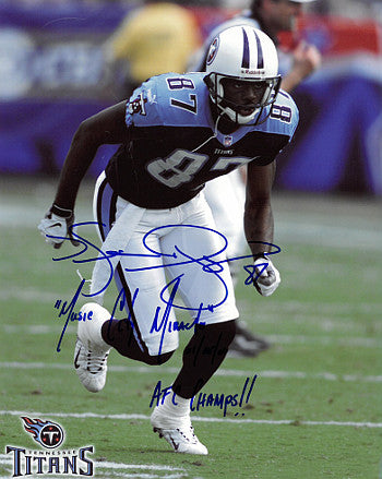 Kevin Dyson Autographed Tennessee Titans Action 8x10 Photo w/ triple Music City Miracle, 01/08/00 & AFC Champs!!-Powers Sports Memorabilia
