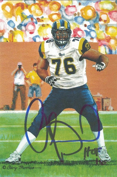 Orlando Pace St Louis Rams Signed Goal Line Art Card Blue HOF-Powers Sports Memorabilia