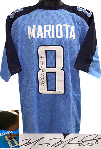 Marcus Mariota Autographed Columbia Blue Custom Stitched Pro Style Football Jersey XL #8 (black sig)- Mariota Hologram-Powers Sports Memorabilia