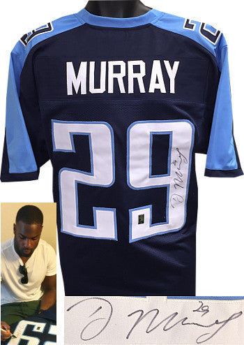 DeMarco Murray Autographed Navy Blue Custom Stitched Pro Style Football Jersey #29 Inscribed XL (Autographed on #9)- Murray Hologram-Powers Sports Memorabilia