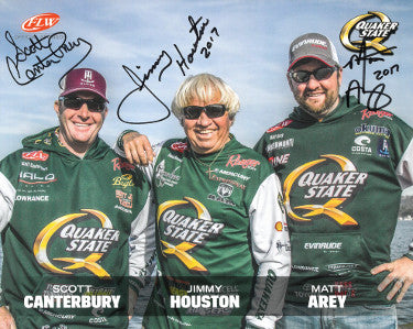 Jimmy Houston Autographed Quaker State- FLW 8x10 Photo (3 sig) w/ Scott Canterbury & Matt Arey- 2017 Insc (Angler/Fishing)-Powers Sports Memorabilia