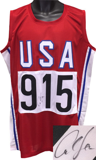Carl Lewis Autographed Red TB Team USA Stitched Pro Style Track & Field #915 Jersey XL- JSA Hologram-Powers Sports Memorabilia