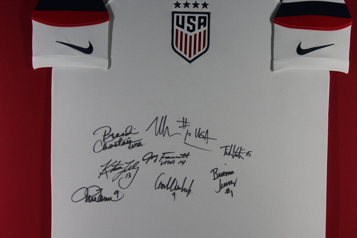 1999 USA Women&#39;s Olympic Champion Team Signed Soccer Framed Nike Jersey Beckett COA With 8 Autographs Mia Hamm Brandi Chastain