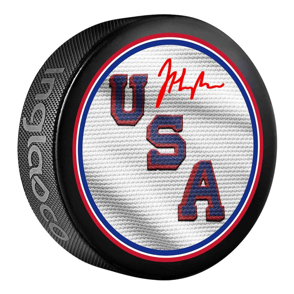 Jack Hughes Team USA Autographed 2026 Winter Olympics Hockey Puck (pre-sale, ships by November 2026)-Powers Sports Memorabilia