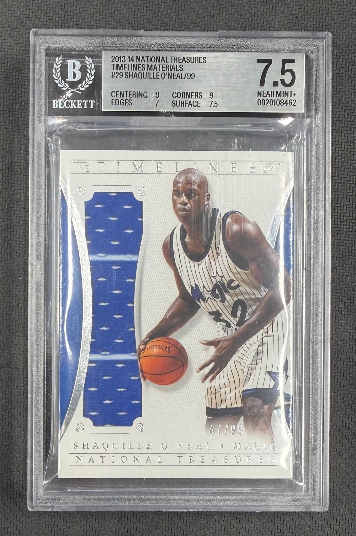 Shaquille O'Neal 2013 Panini Worn Patch Card #29 BGS 7.5 /99