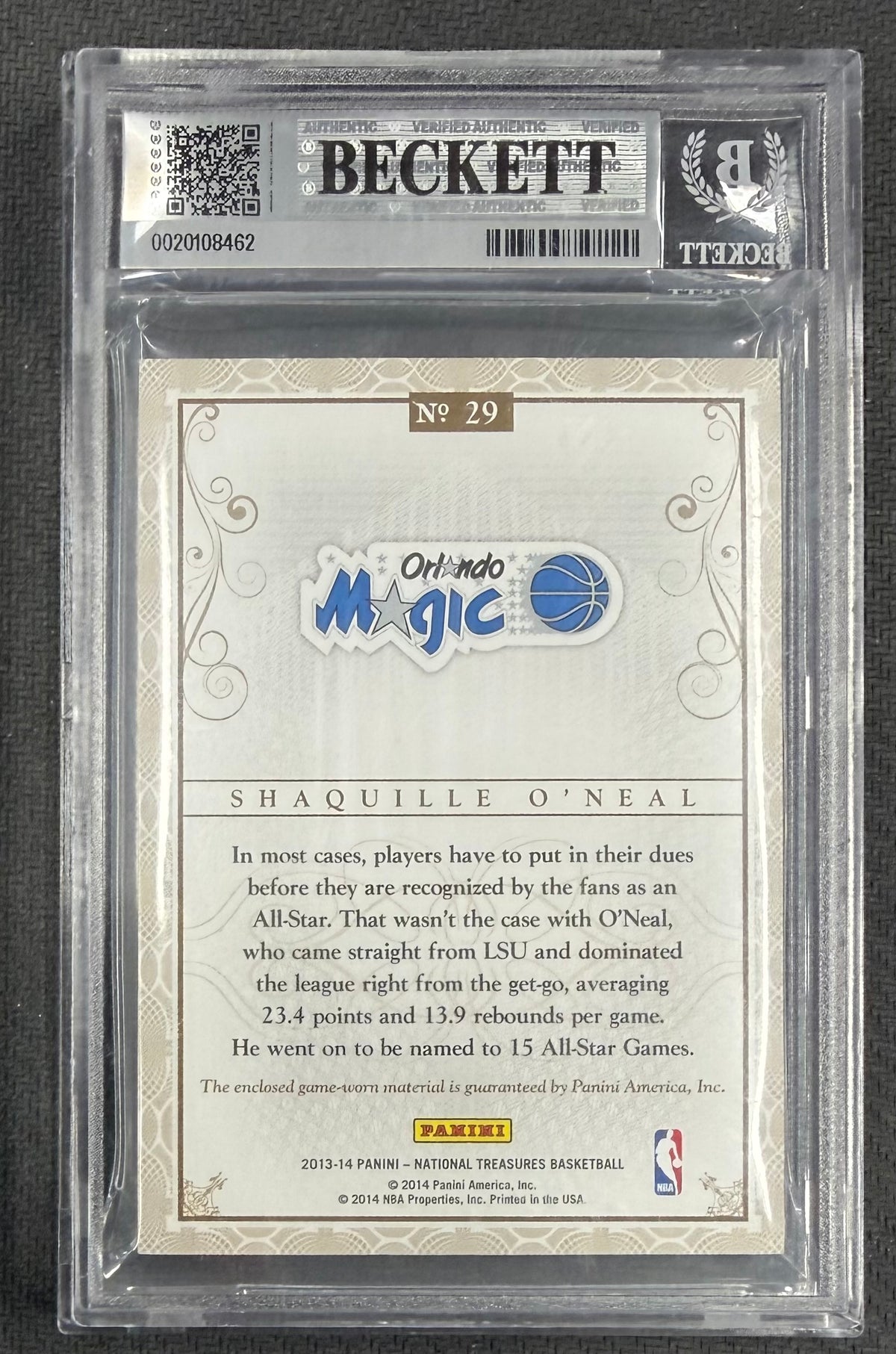 Shaquille O'Neal 2013 Panini Worn Patch Card #29 BGS 7.5 /99