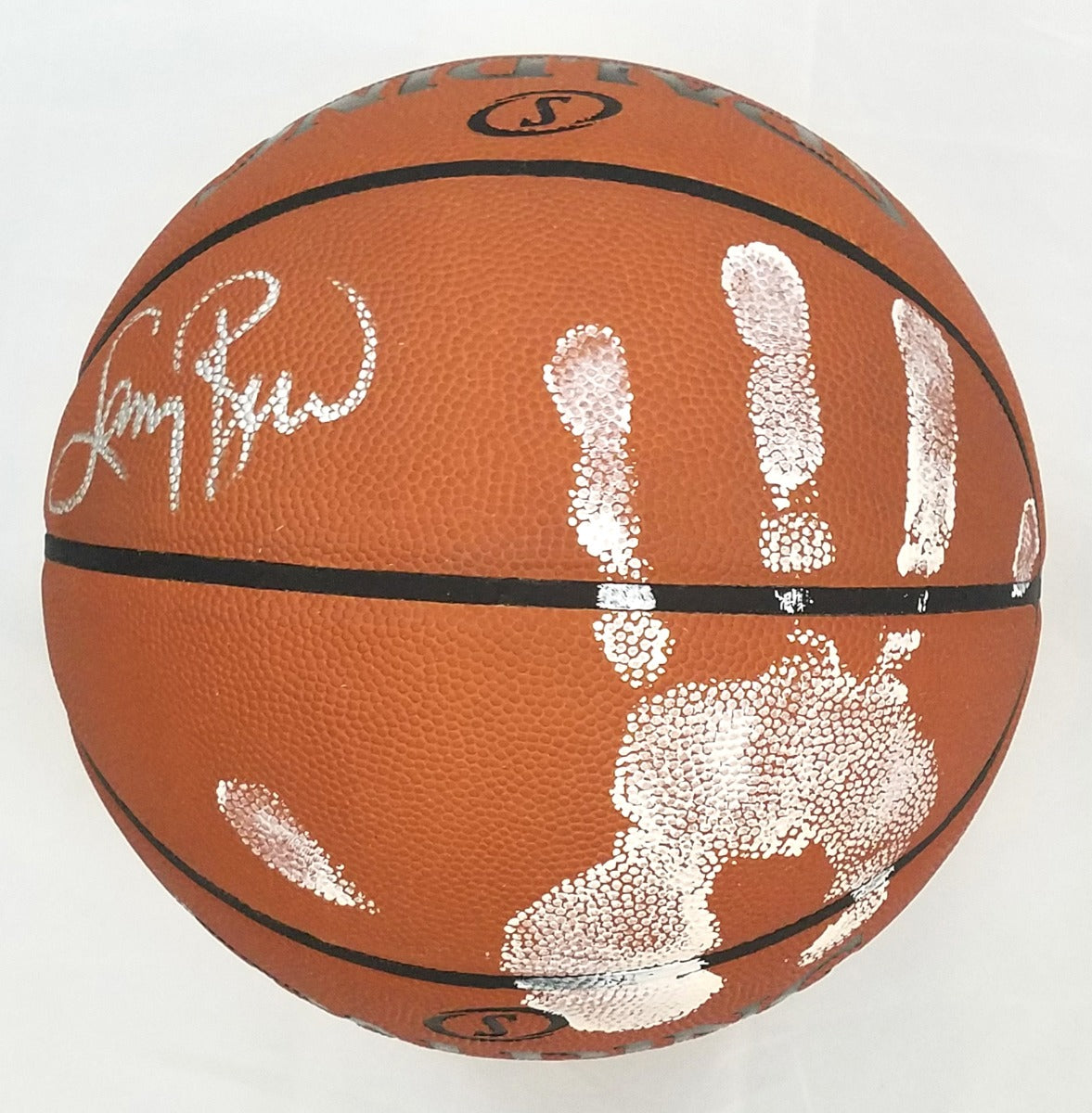 Larry Bird Autographed Boston Celtics NBA Game Basketball W/ Handprint Beckett Witnessed White Paint-Powers Sports Memorabilia