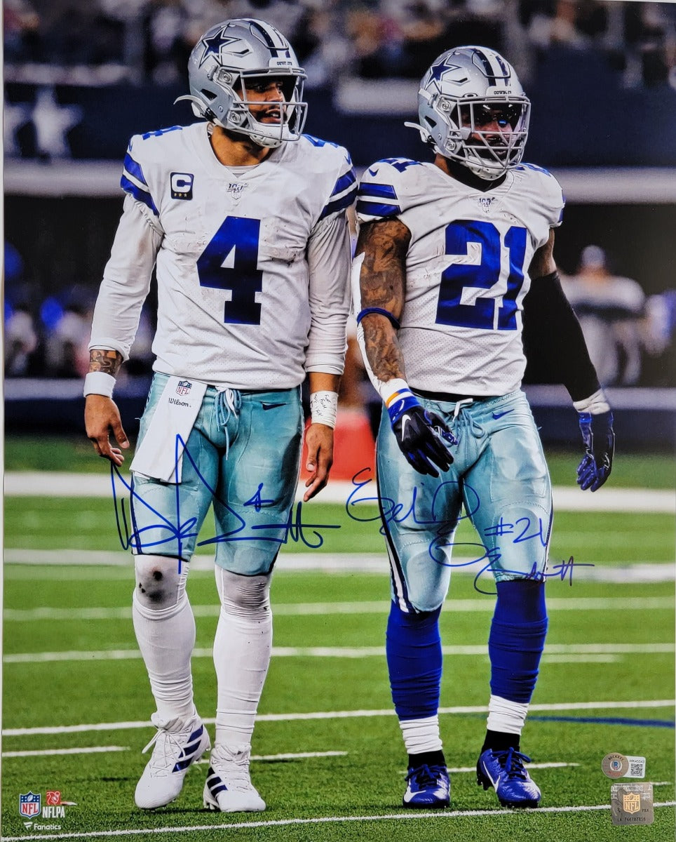 Dak Prescott Ezekiel Elliott Autographed Dallas Cowboys 16x20 Photo Beckett Witnessed-Powers Sports Memorabilia