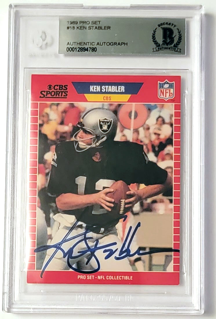 Ken Stabler Autographed Oakland Raiders Encapsulated 1989 Pro Set CBS Sports #18 Trading Card Beckett Authenticated-Powers Sports Memorabilia