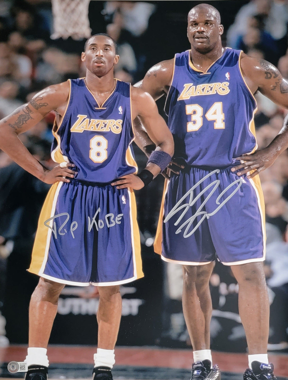 Shaquille O'Neal with Kobe Bryant Autographed Los Angeles Lakers 16x20 Photo W/ RIP KOBE Beckett Witnessed-Powers Sports Memorabilia